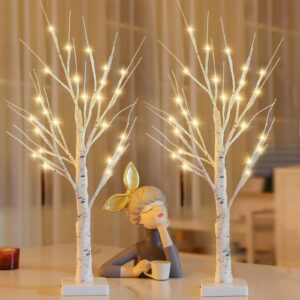2pk 2ft 24led lighted birch tree artificial branch tree, tabletop christmas tree lamp battery operated with timer for indoor bedroom xmas party wedding festival home diy decorations (warm white)