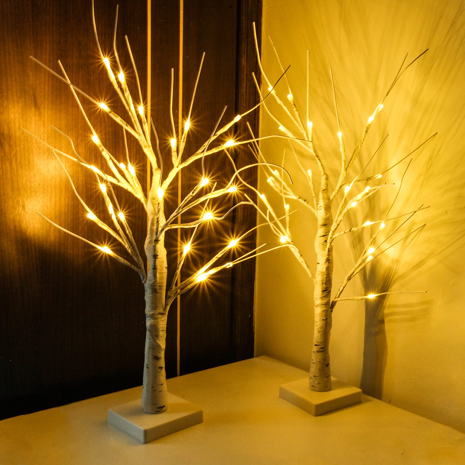 2PK 2FT 24LED Lighted Birch Tree Artificial Branch Tree, Tabletop Christmas Tree Lamp Battery Operated with Timer for Indoor Bedroom Xmas Party Wedding Festival Home DIY Decorations (Warm White)