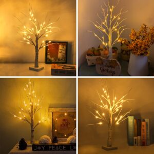 2PK 2FT 24LED Lighted Birch Tree Artificial Branch Tree, Tabletop Christmas Tree Lamp Battery Operated with Timer for Indoor Bedroom Xmas Party Wedding Festival Home DIY Decorations (Warm White)