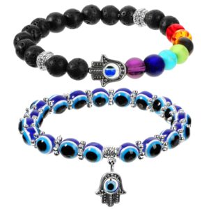 2 Pieces Evil Eye Bracelet Hand of Fatima Bracelet 7 Chakras Bracelet Evil Eye Stretch Beaded Bracelet Hamsa Hand Gemstone Bracelet Good Luck Protection Crystals Healing Stones Bracelet for Women