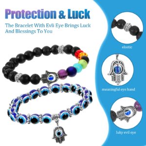 2 Pieces Evil Eye Bracelet Hand of Fatima Bracelet 7 Chakras Bracelet Evil Eye Stretch Beaded Bracelet Hamsa Hand Gemstone Bracelet Good Luck Protection Crystals Healing Stones Bracelet for Women