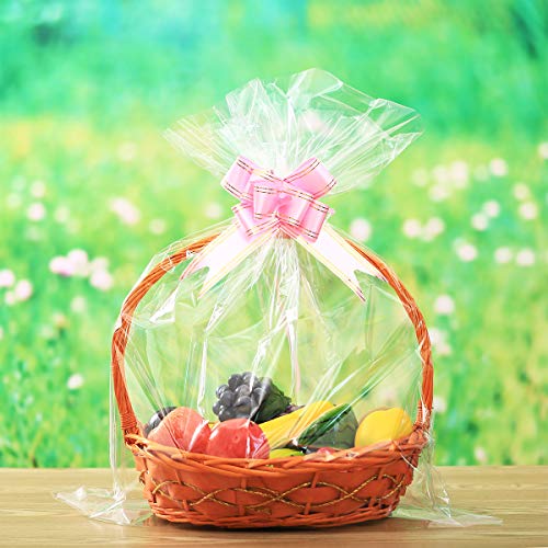 100 Packs Large Cellophane Bags 24" x 30" Clear Cellophane Gift Basket Wraps Extra-large 2.3 Mil Thick Plastic Wrap Bags for Fruit Basket, Gift Wrap, Treats, Arts and Crafts, 100ct Ribbon Bows