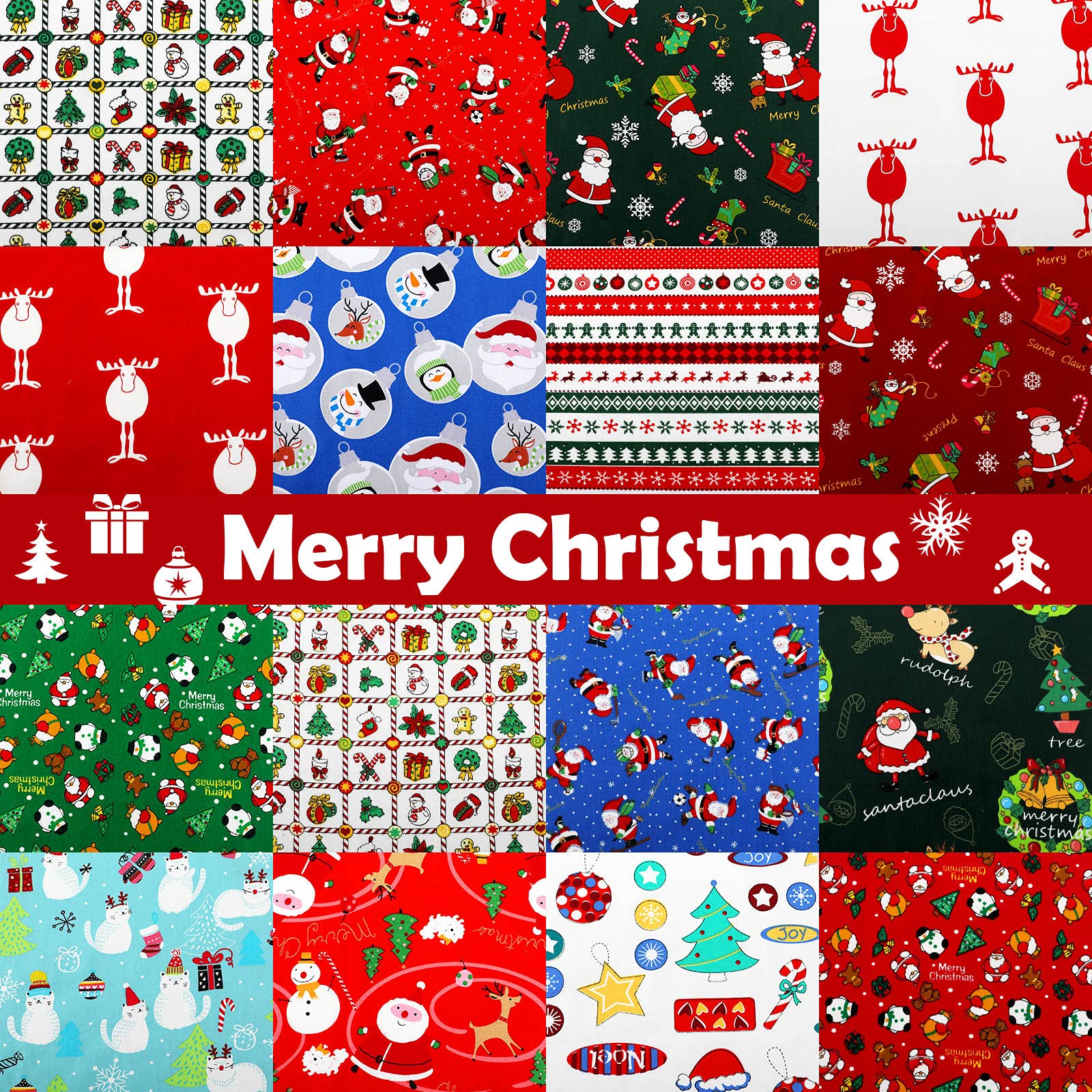 16 Pieces Christmas Fabric Fat Quarters Bundle Christmas Patterned Cotton Fabric Santa Claus Snowman Christmas Tree Print Quilting Fabric Cloth for Christmas Sewing Patchwork DIY Yard (10 x 10 Inch)