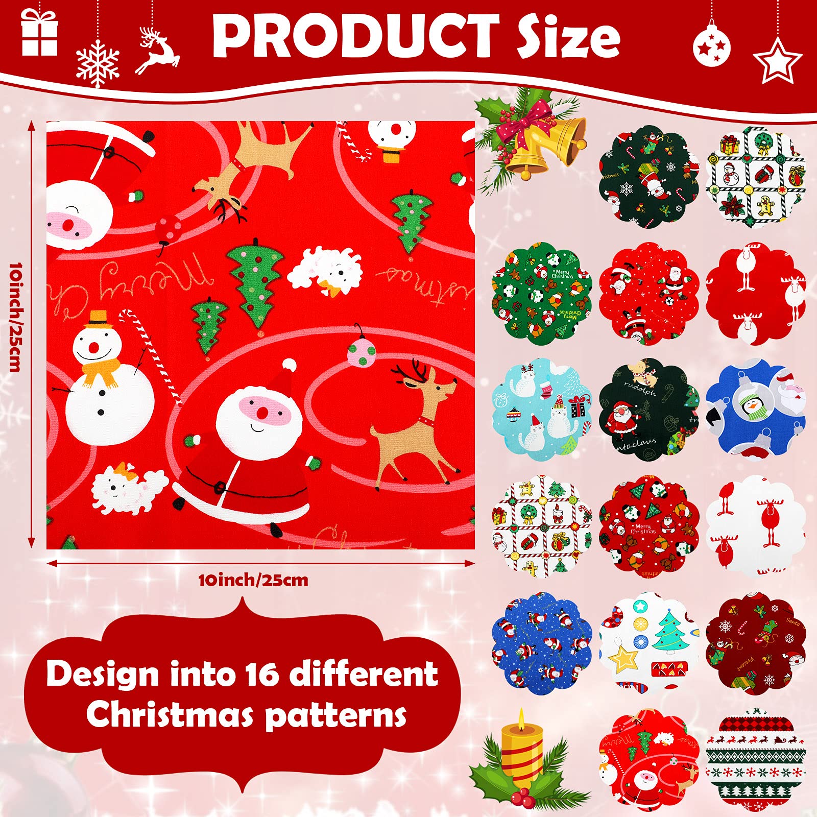 16 Pieces Christmas Fabric Fat Quarters Bundle Christmas Patterned Cotton Fabric Santa Claus Snowman Christmas Tree Print Quilting Fabric Cloth for Christmas Sewing Patchwork DIY Yard (10 x 10 Inch)