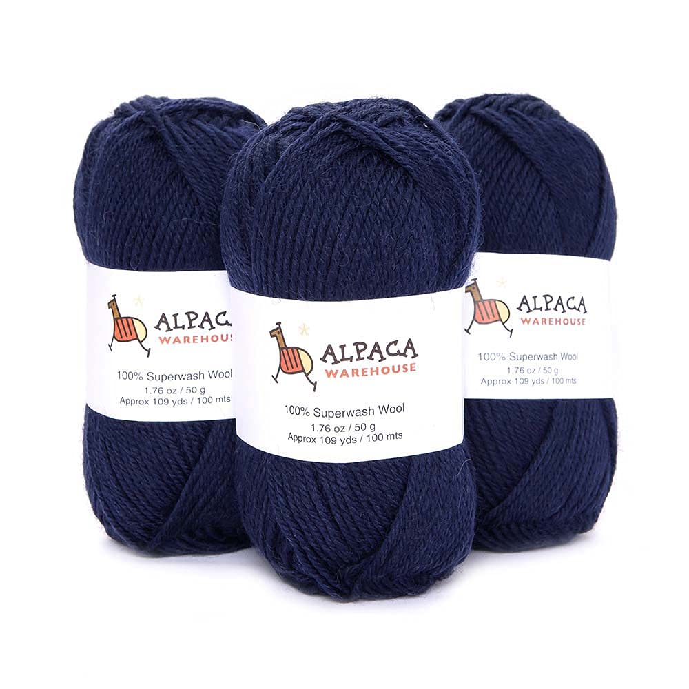 100% Pure Wool Yarn Superwash Set of 3 Skeins (150 Grams) DK Weight - Sourced Directly from Peru - Heavenly Soft and Perfect for Knitting and Crocheting (Navy Blue)