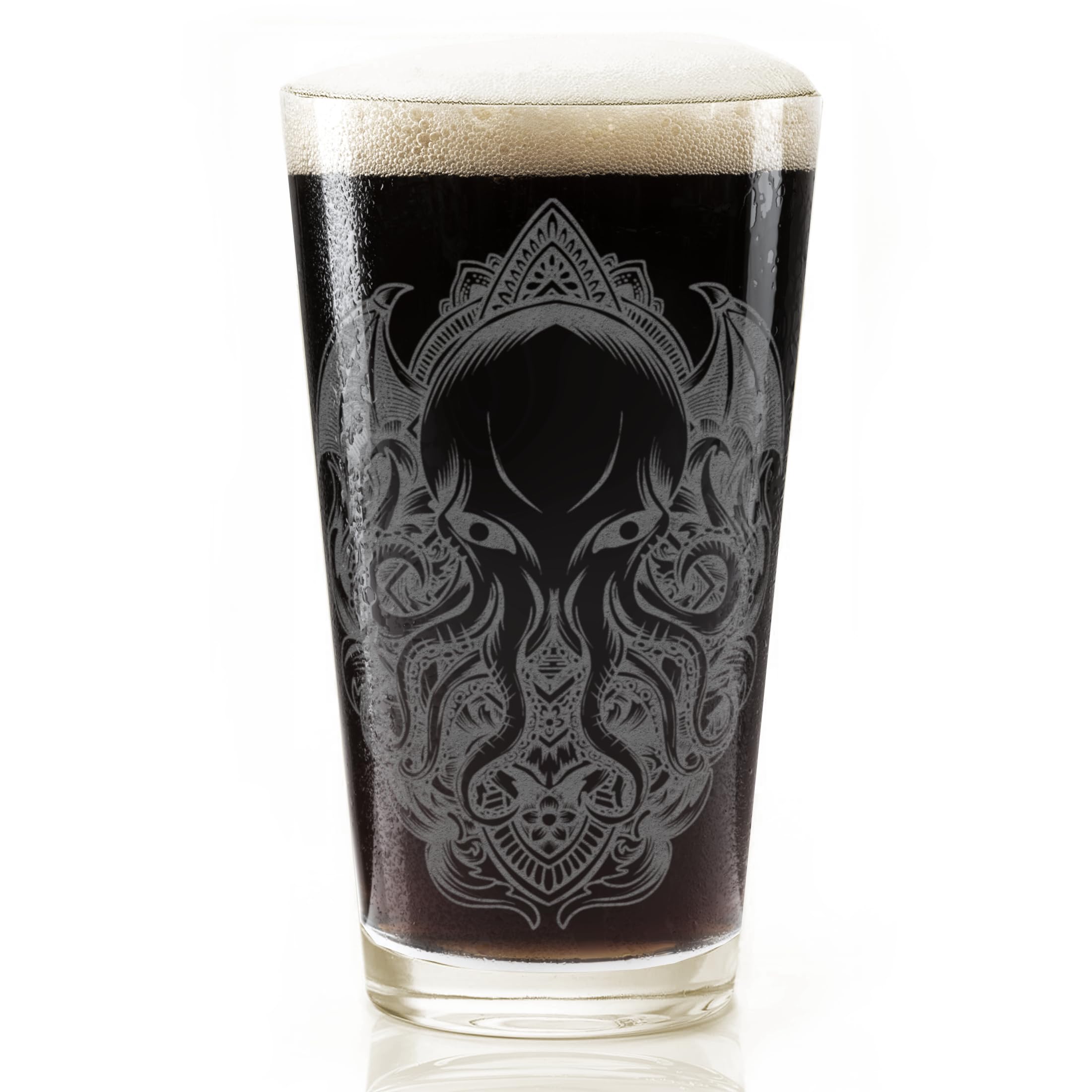 CTHULHU Engraved Beer Pint Glass | Wings & Fire Design | Lovecraftian Monster Gift & Decor!