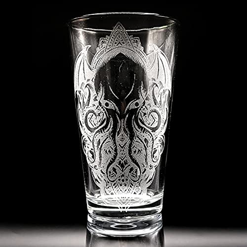 CTHULHU Engraved Beer Pint Glass | Wings & Fire Design | Lovecraftian Monster Gift & Decor!