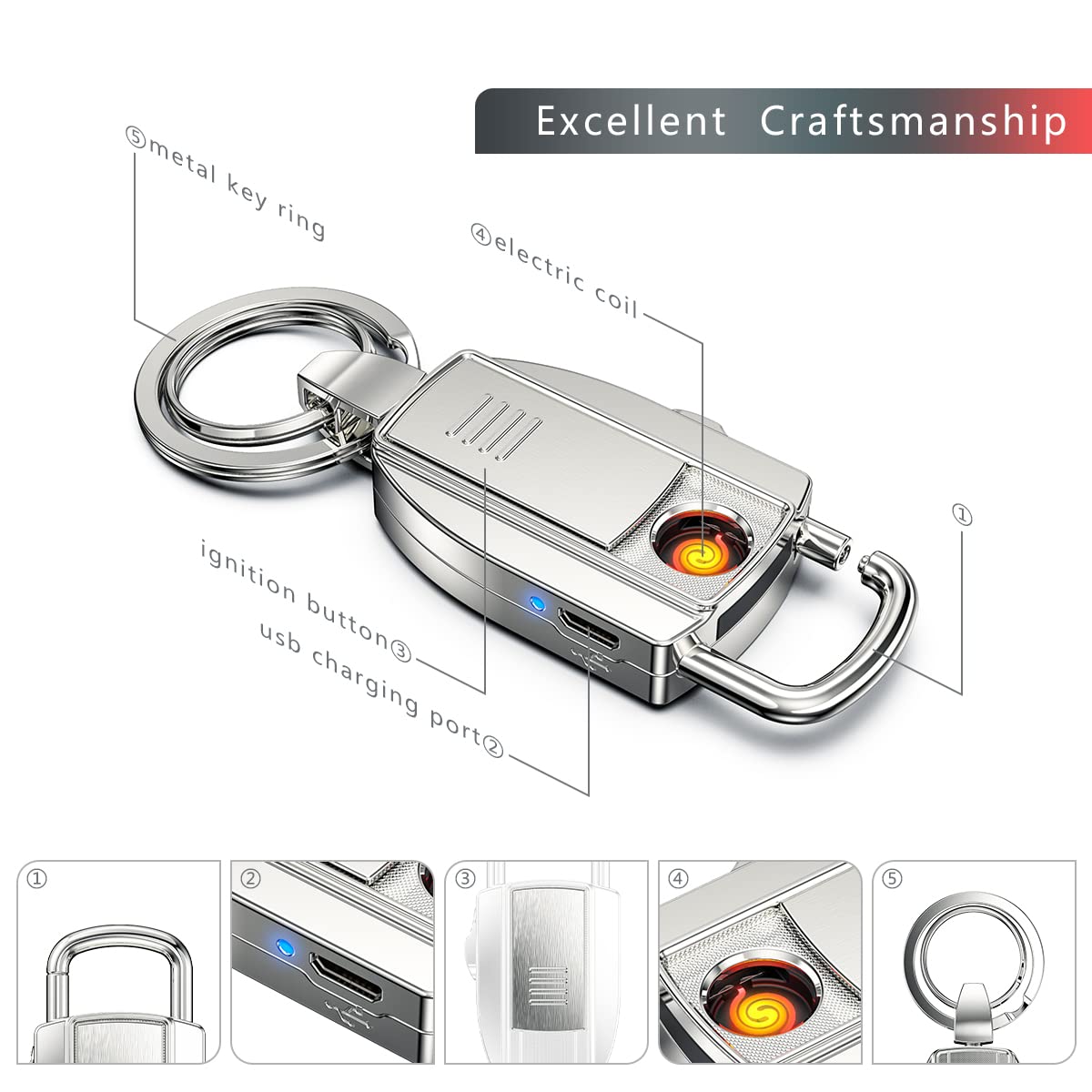 Electric USB Keychain Lighter Silver (Free 2 Tungsten Coil)