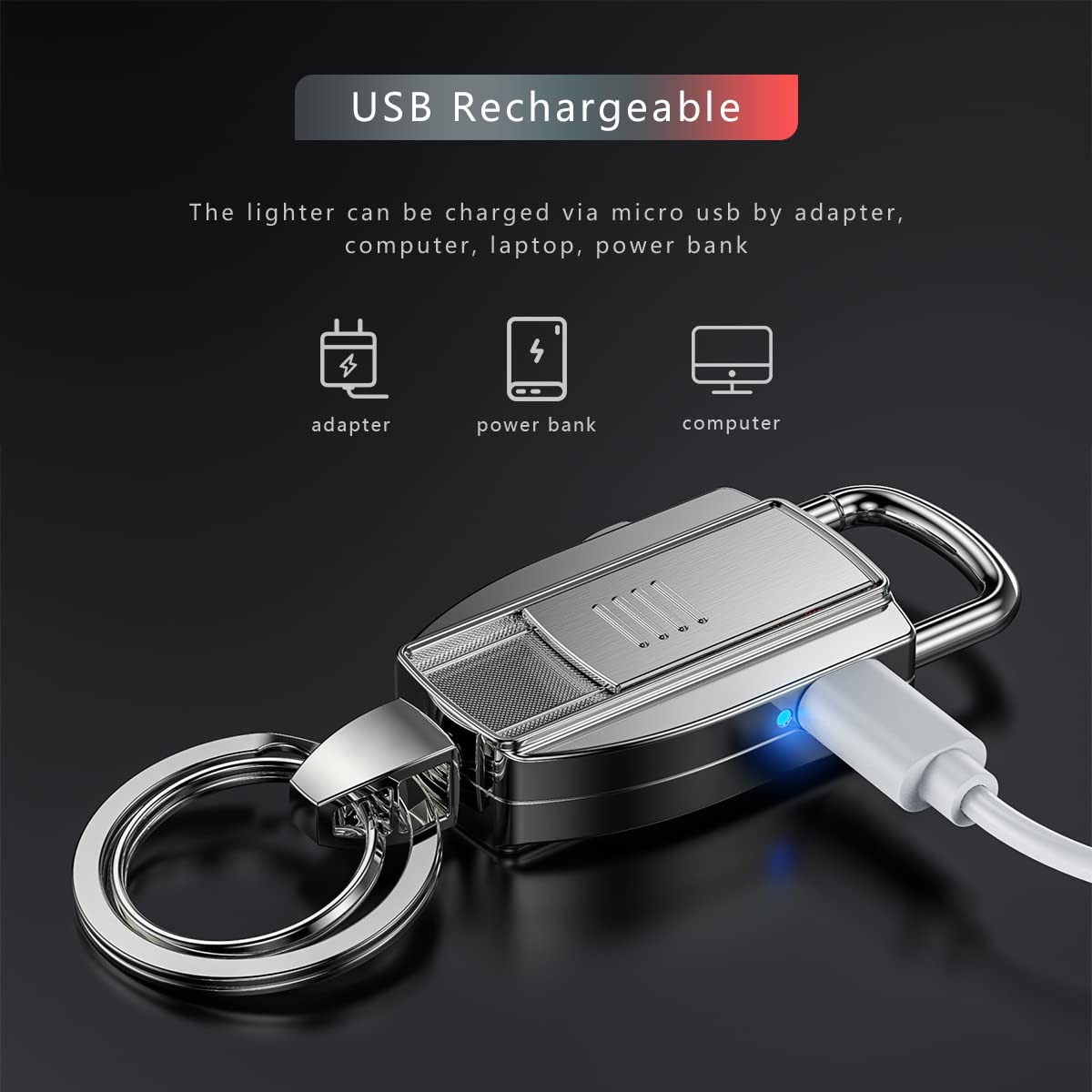 Electric USB Keychain Lighter Silver (Free 2 Tungsten Coil)