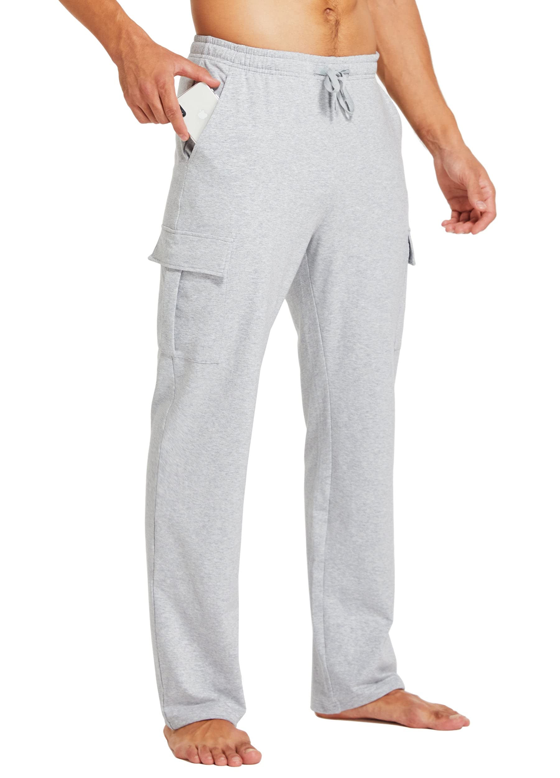 Willit Men's Cotton Yoga Sweatpants Athletic Lounge Pants Cargo Open Bottom Joggers Straight Leg Casual with Pockets Light Gray XL