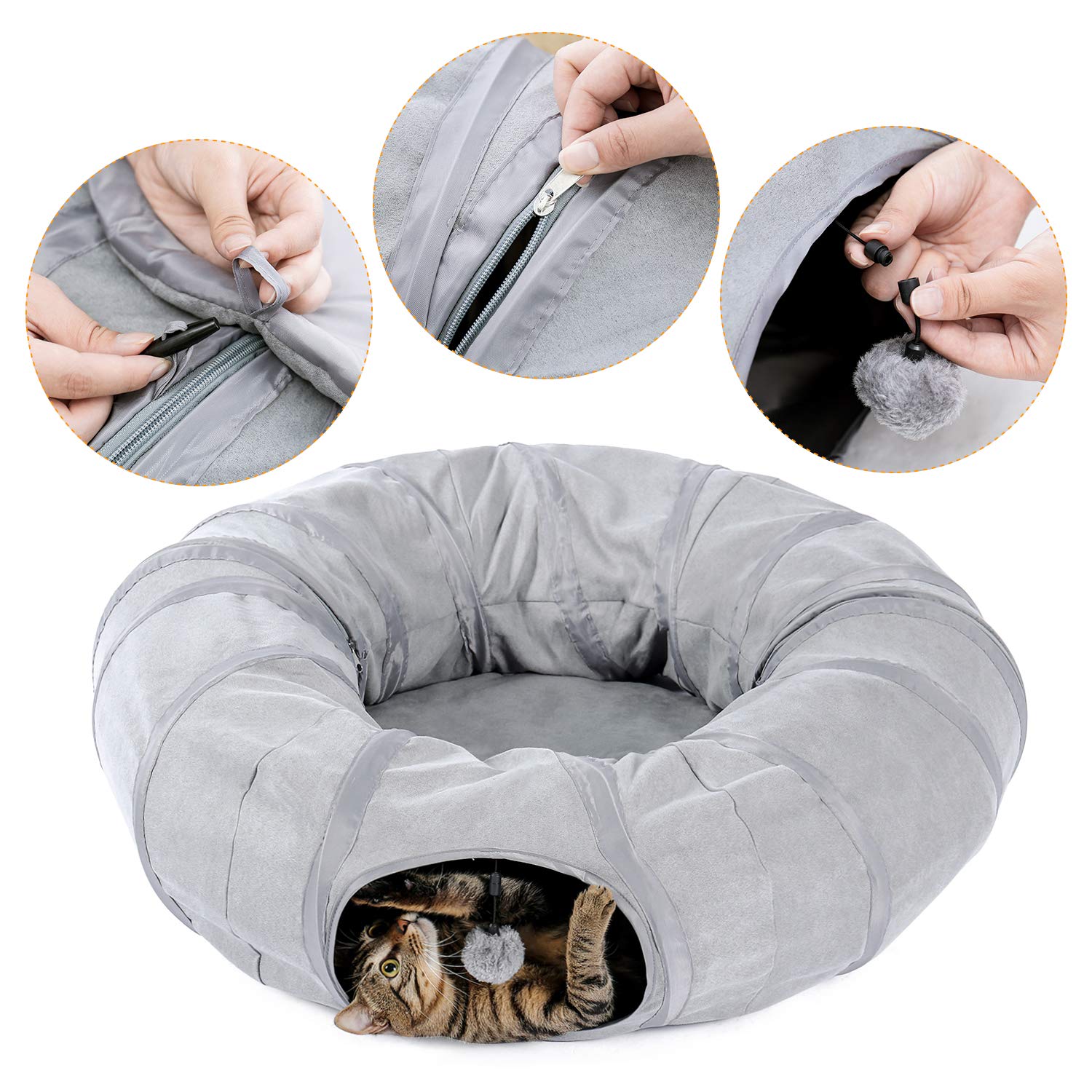 PAWZ Road Cat Tunnel Bed with Central Mat and Peek Hole Cat Bed with Cat Toy Hanging Balls -Tunnel Bed