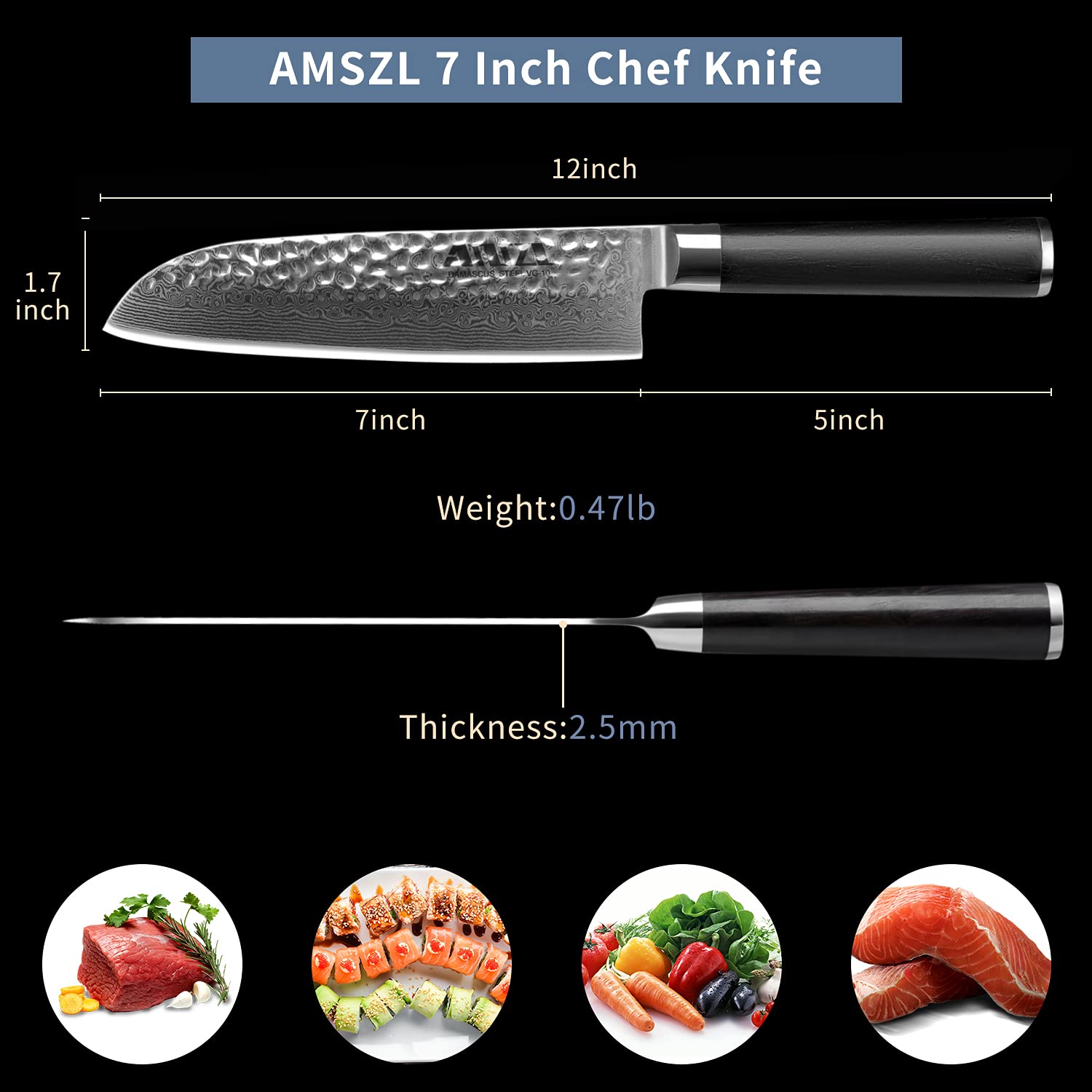 AMSZL 7 Inch Chef Knife, Damascus VG10 Super Steel, Ultra Sharp Santoku Kitchen Knife, Ebony Handle, Gift Box