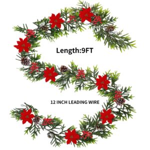 Juegoal Christmas Garland, 9 FT Pre-lit Artificial Xmas Flocked Garlands, Lighted Poinsettia Spruce Garland, Timer & Battery Operated with Lights, for Garden Home Winter New Year Decorations