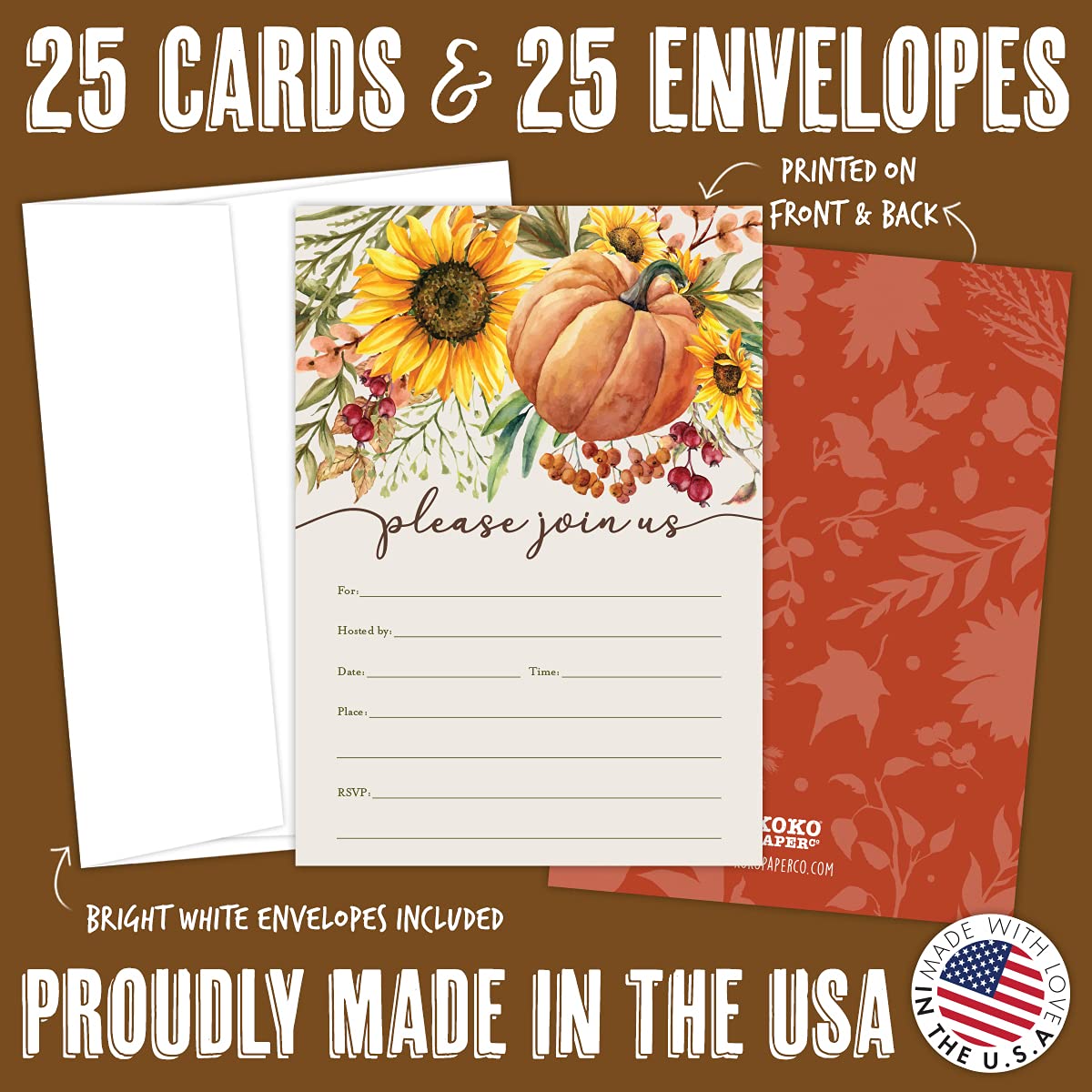 Koko Paper Co Fall Invitations with Pumpkin and Sunflowers | 25 Fill-in Invitations and 25 Bright White Envelopes | Printed on Heavy Card Stock.