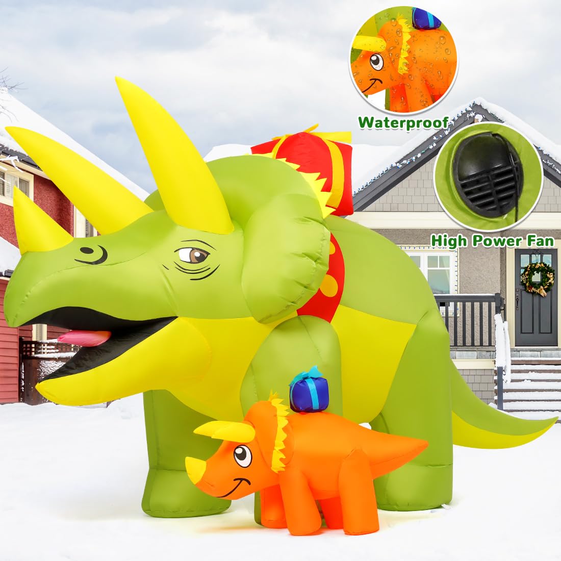 GOOSH 7.5 FT Length Christmas Inflatables Green Triceratops Dinosaur with Baby Dino, Blow Up Yard Decorations with Built-in LED Lights for Garden Lawn Outdoor Yard Xmas Winter Holiday