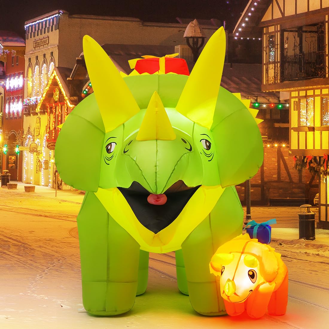 GOOSH 7.5 FT Length Christmas Inflatables Green Triceratops Dinosaur with Baby Dino, Blow Up Yard Decorations with Built-in LED Lights for Garden Lawn Outdoor Yard Xmas Winter Holiday