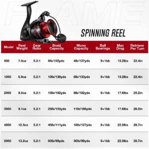 Piscifun Flame Spinning Reels, Lightweight 9+1BB Ultra Smooth Spinning Fishing Reels, Carbon Fiber 19.8Lbs Max Drag, 500, Red