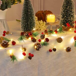 Christmas Garland with String Lights 10 Ft 30 LED Pine Cone Red Berry Bells Garland Lights, Indoor Christmas Decorations for Home and Fireplace Mantel Decor, Christmas Tree Decor