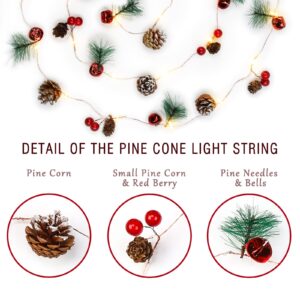 Christmas Garland with String Lights 10 Ft 30 LED Pine Cone Red Berry Bells Garland Lights, Indoor Christmas Decorations for Home and Fireplace Mantel Decor, Christmas Tree Decor