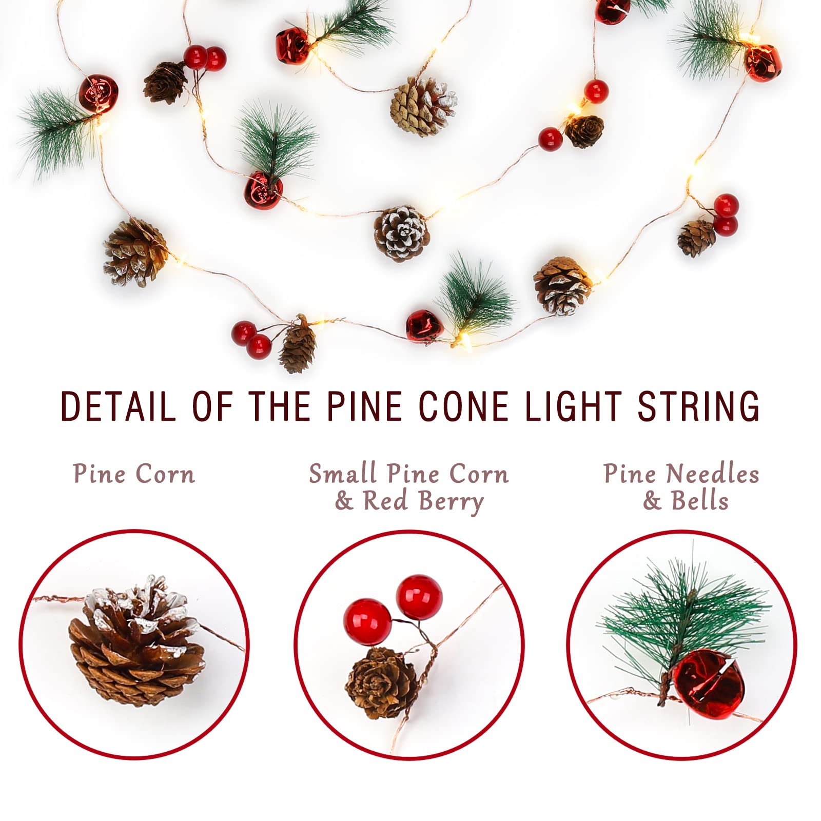 Christmas Garland with String Lights 10 Ft 30 LED Pine Cone Red Berry Bells Garland Lights, Indoor Christmas Decorations for Home and Fireplace Mantel Decor, Christmas Tree Decor