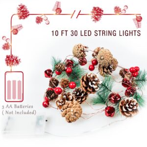 Christmas Garland with String Lights 10 Ft 30 LED Pine Cone Red Berry Bells Garland Lights, Indoor Christmas Decorations for Home and Fireplace Mantel Decor, Christmas Tree Decor