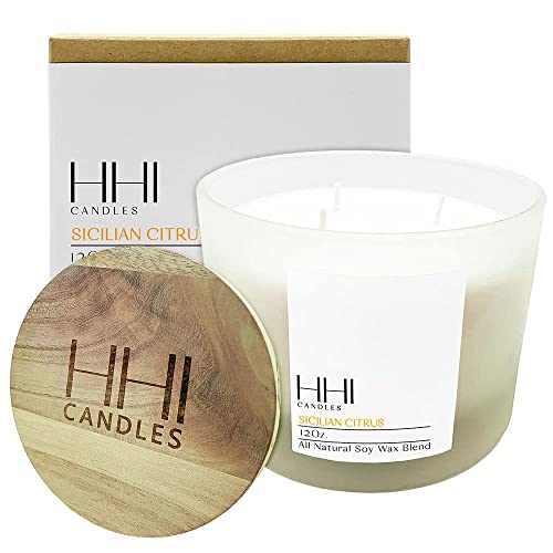 HHI Citrus Candle | A Blend of Lemon, Orange, Lime and Eucalyptus | Sicilian Citrus | All Natural Soy Candle | Large 12 Ounce Three Wick Candle | Long burn time | includes Bamboo Lid and Gift Box