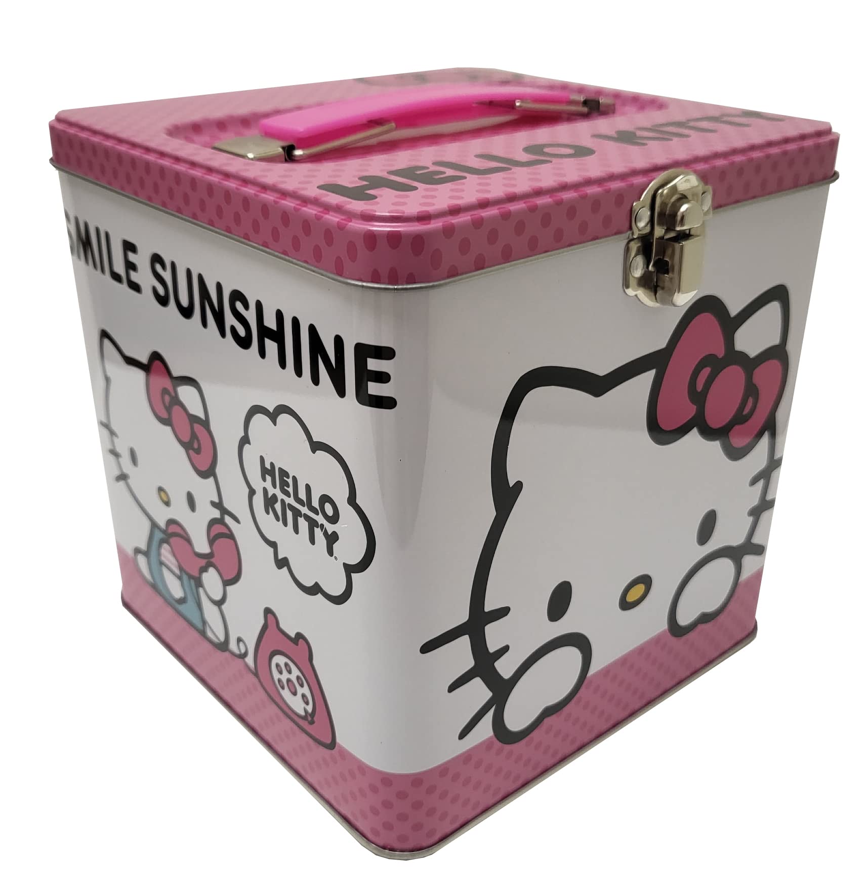 The Tin Box Company Hello Kitty Stack Store and Carry Tin. Stackable Tin Box with Handle,Pink and White, Storage Box, 5.75" Height, Clasp and Hinge on Lid