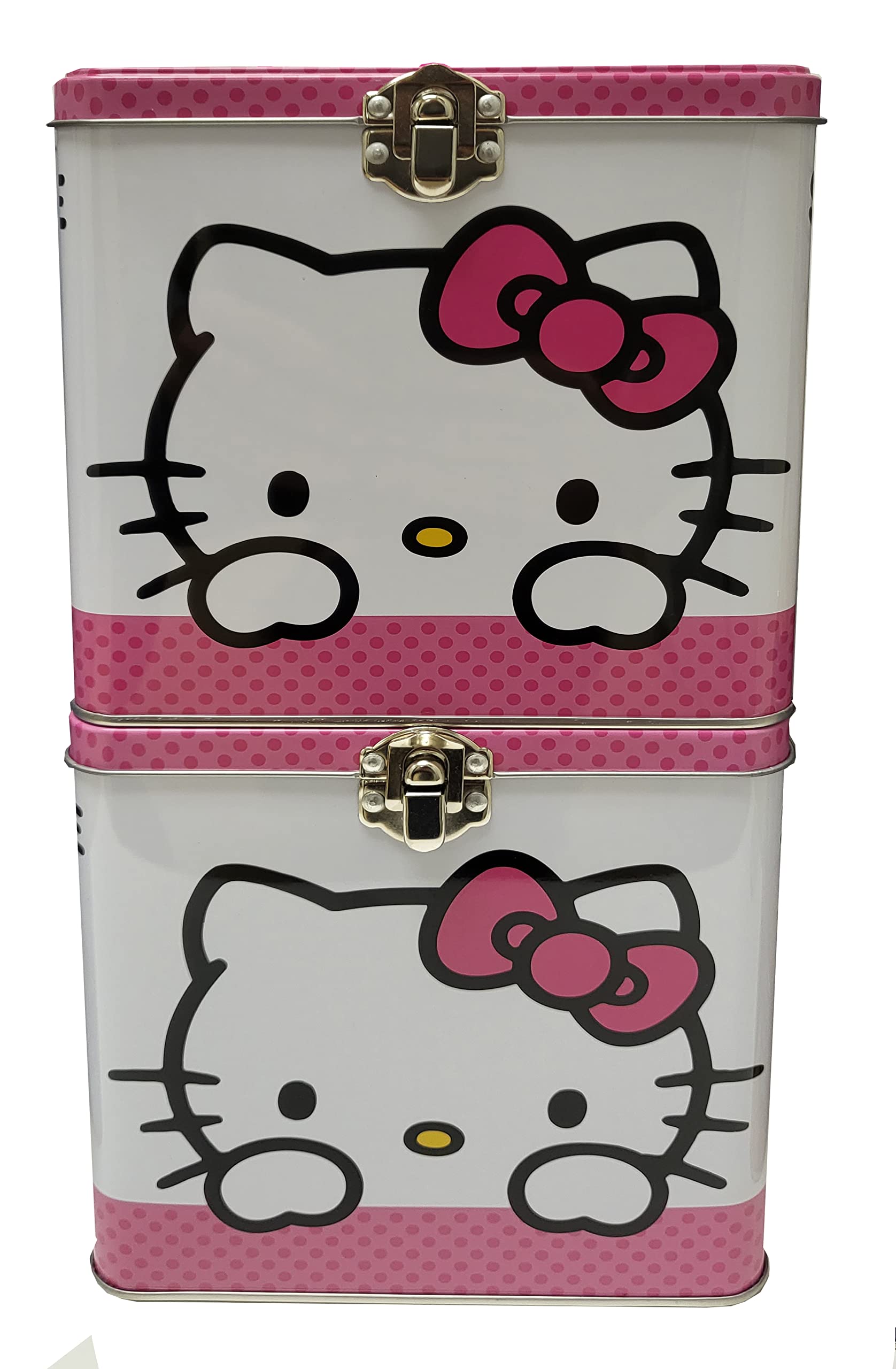 The Tin Box Company Hello Kitty Stack Store and Carry Tin. Stackable Tin Box with Handle,Pink and White, Storage Box, 5.75" Height, Clasp and Hinge on Lid