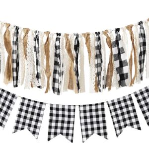 Whaline 2Pcs Christmas Buffalo Check Plaid Banner White Black Tassel Garland Lace Burlap Banner Rag Tie Banner Plaid Bunting Garland for Wedding Birthday Mantel Fireplace Wall Party Decoration