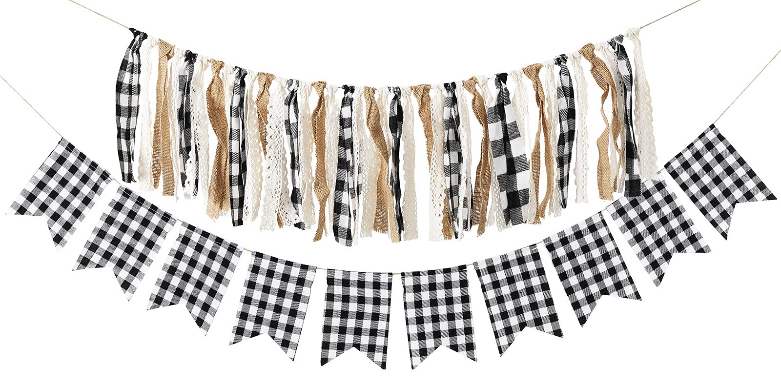 Whaline 2Pcs Christmas Buffalo Check Plaid Banner White Black Tassel Garland Lace Burlap Banner Rag Tie Banner Plaid Bunting Garland for Wedding Birthday Mantel Fireplace Wall Party Decoration