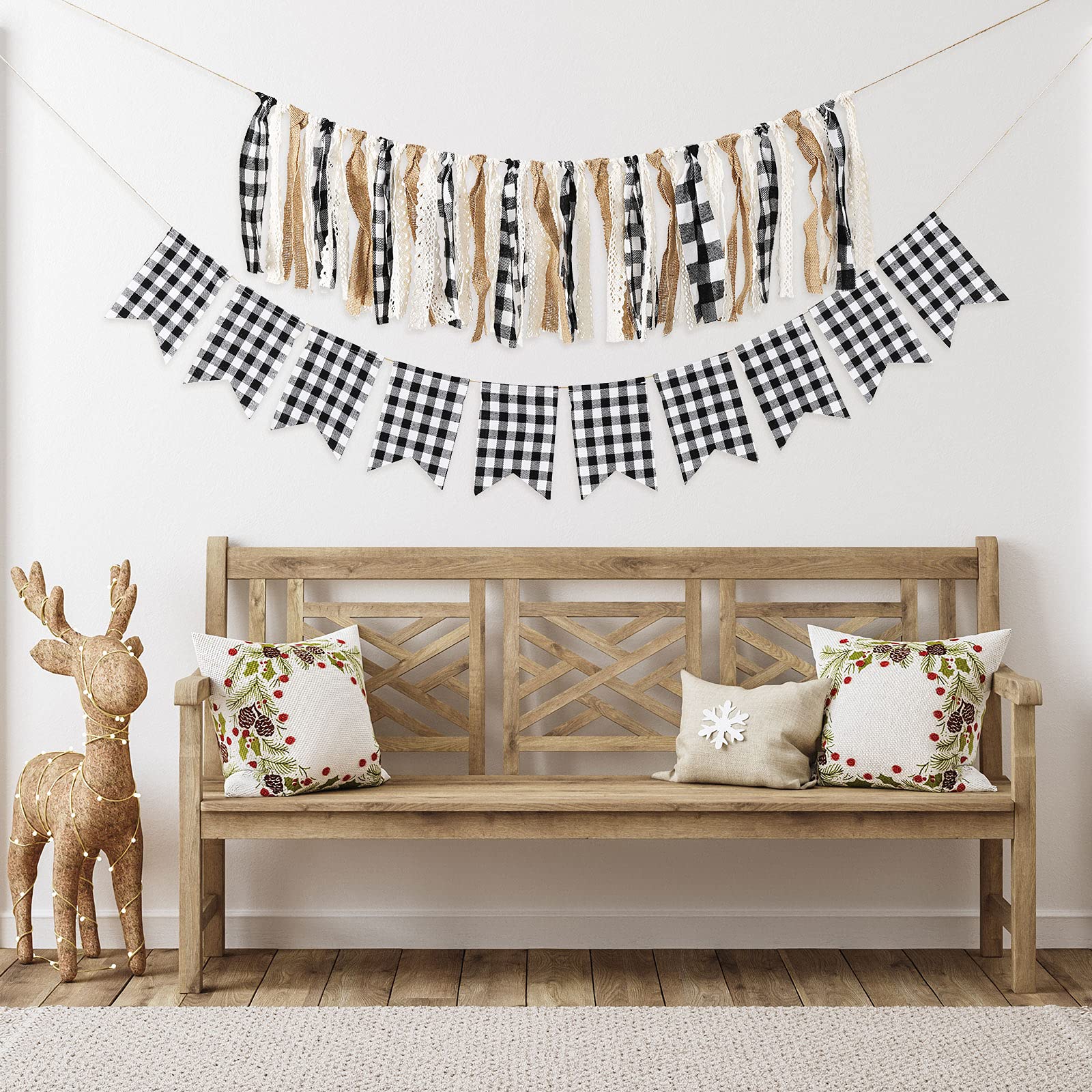 Whaline 2Pcs Christmas Buffalo Check Plaid Banner White Black Tassel Garland Lace Burlap Banner Rag Tie Banner Plaid Bunting Garland for Wedding Birthday Mantel Fireplace Wall Party Decoration