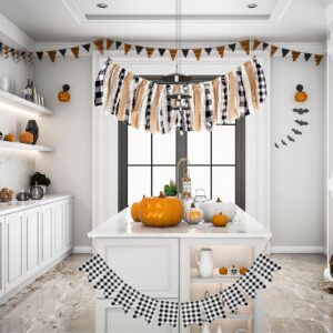 Whaline 2Pcs Christmas Buffalo Check Plaid Banner White Black Tassel Garland Lace Burlap Banner Rag Tie Banner Plaid Bunting Garland for Wedding Birthday Mantel Fireplace Wall Party Decoration