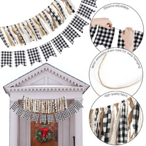 Whaline 2Pcs Christmas Buffalo Check Plaid Banner White Black Tassel Garland Lace Burlap Banner Rag Tie Banner Plaid Bunting Garland for Wedding Birthday Mantel Fireplace Wall Party Decoration