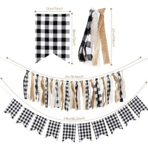 Whaline 2Pcs Christmas Buffalo Check Plaid Banner White Black Tassel Garland Lace Burlap Banner Rag Tie Banner Plaid Bunting Garland for Wedding Birthday Mantel Fireplace Wall Party Decoration