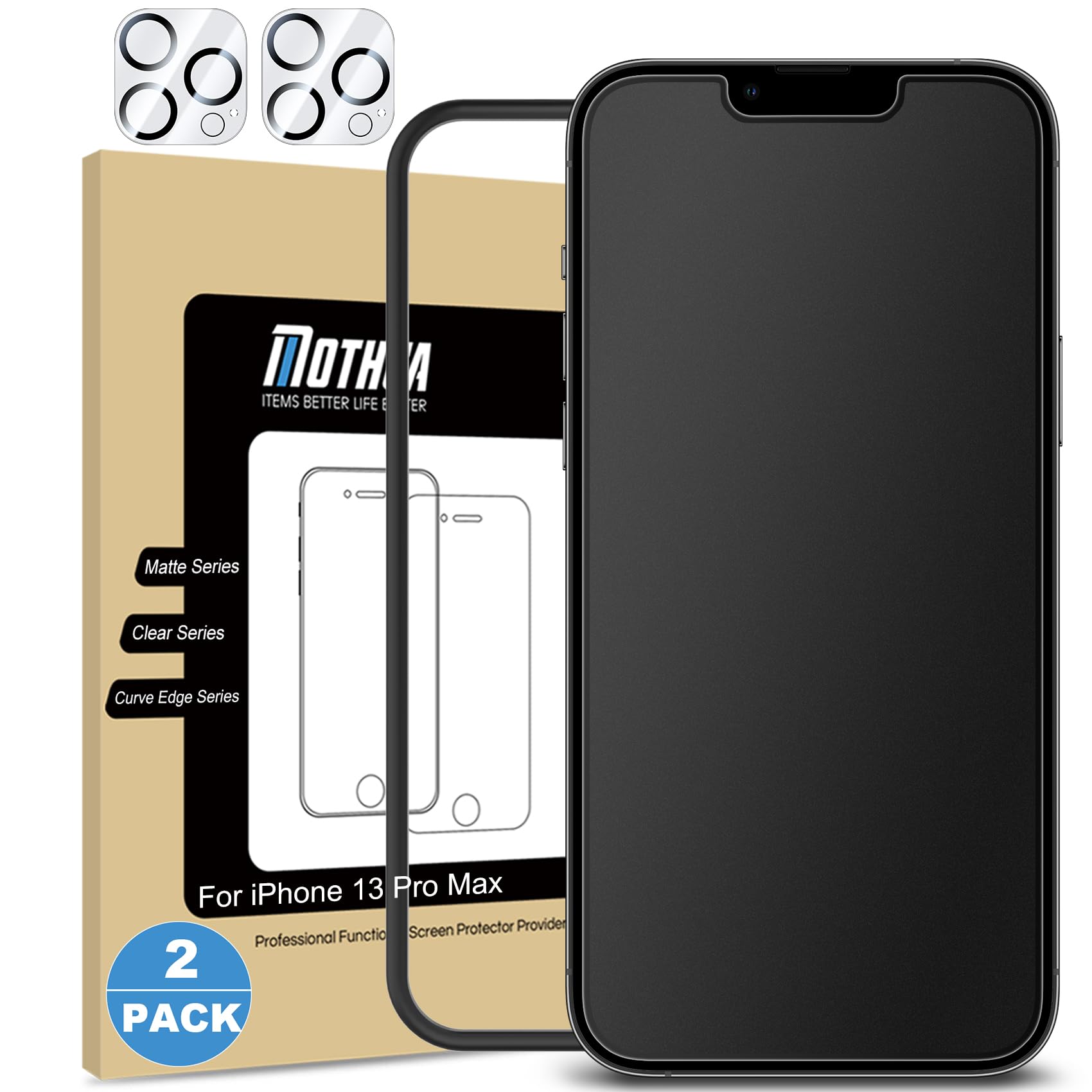 Mothca 2 Pack Matte Glass Screen Protector for iPhone 13 Pro Max [6.7 inch] + 2 Pack Camera Lens Protector, Anti-Glare & Anti-Fingerprint Tempered Glass Film, Bubble Free Case Friendly Smooth as Silk