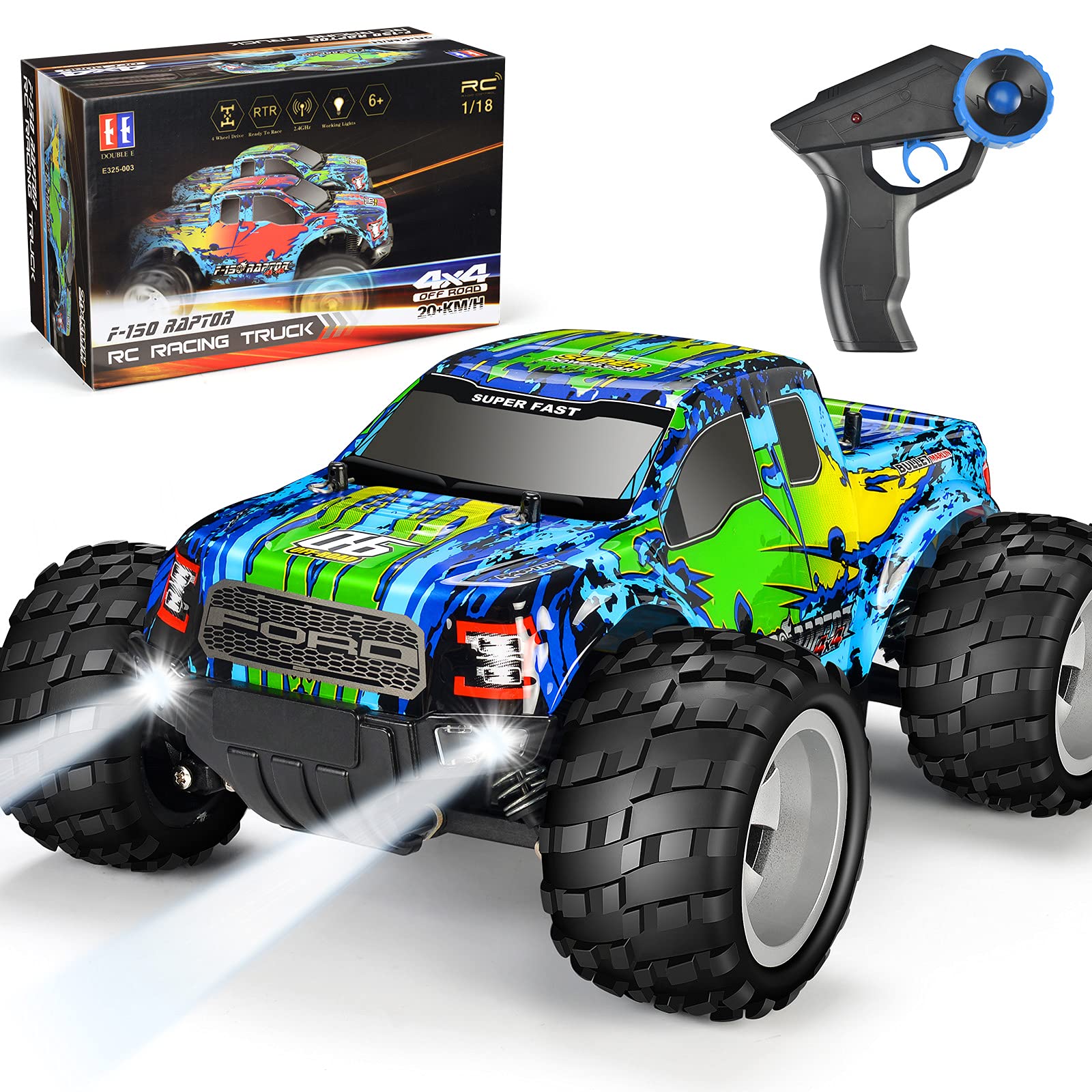 DOUBLE E Ford Raptor F150 Remote Control Car 20km/h 4WD RC Car with Rechargeable Battery Headlights High Speed Off Road Monster Trucks for Boys Girls Kids, Green