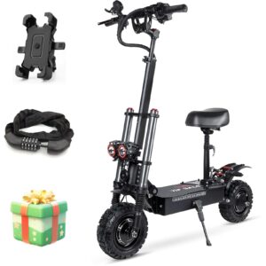 electric kick scooter high power dual drive 5600w motor top speed 70km/h, 60v27ah lithium battery long range 60-70km, 11" vacuum off-road tire, adult electric scooter with foldable seat removable