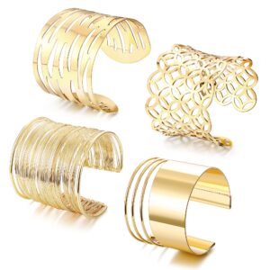 JOERICA 4PCS Gold Cuff Bracelets for Women Open Cuff Wide Wire Bracelets Adjustable Wrist Wrap Bracelet Set