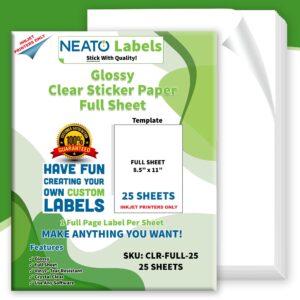 Clear Transparent Sticker Paper 25 Sheets - Glossy Full Sheet Vinyl Labels for Inkjet Printers (8.5” x 11”) - Tear-Resistant, Strong Adhesive, Weather Resistant - DIY & Craft Projects Labels