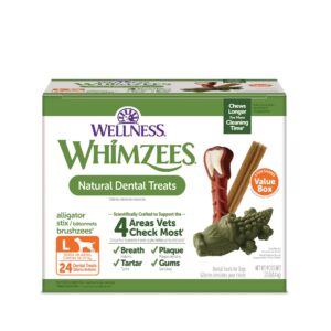 whimzees by wellness long lasting dog chews value box: all natural grain free treats to help clean teeth & reduce plaque & tartar - for dogs 40-60 lbs - 24 count