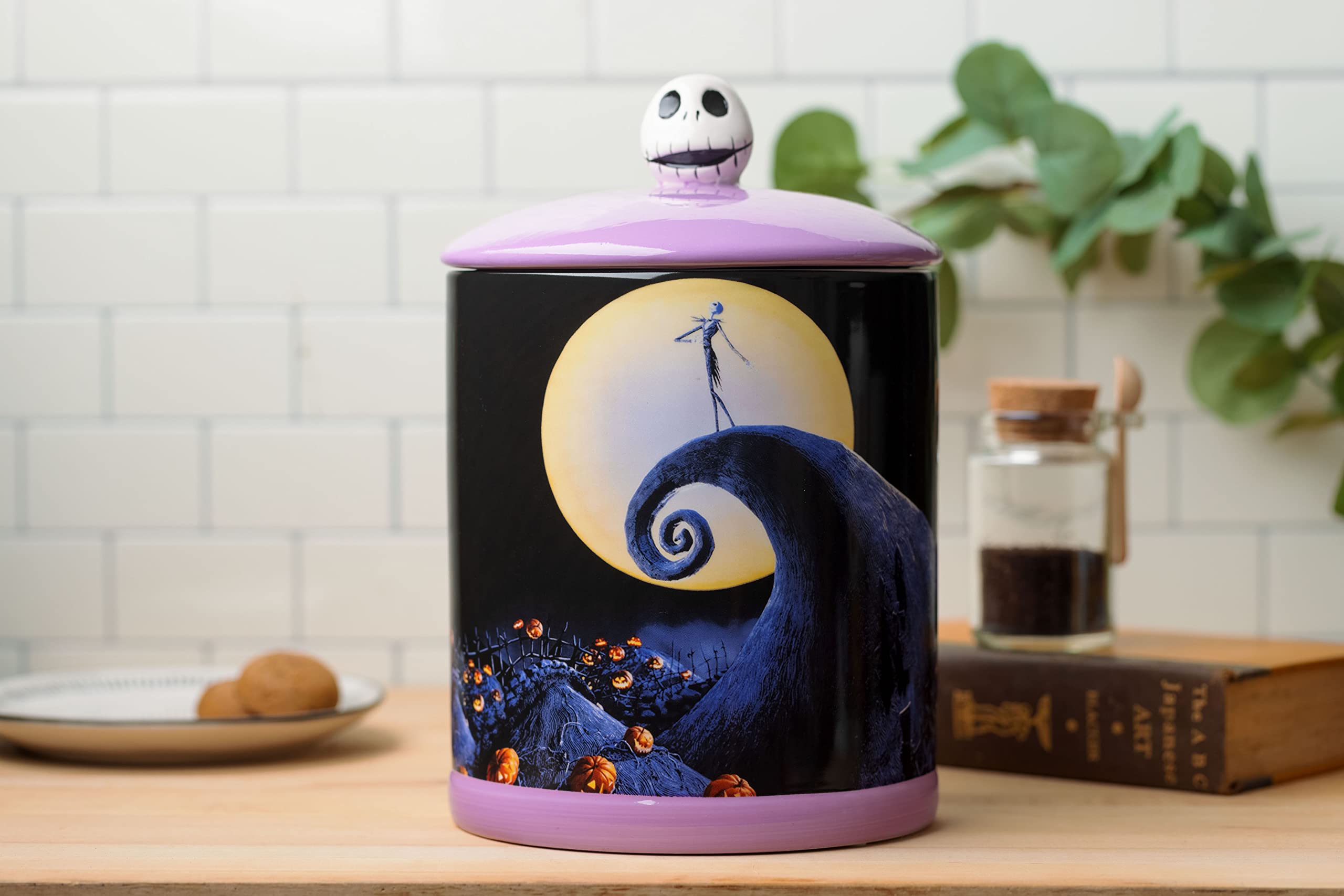 Silver Buffalo Disney Tim Burton Nightmare Before Christmas Moon Hill Scene Jack Skellington Ceramic Cookie Snack Jar (Large)