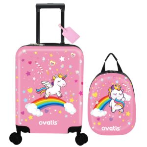 ovatis kid luggage case and backpack with luggage tag 18 inch suitcase and 13 inch backpack suitcase for girls (pink, unicorn)