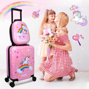 ovatis Kid Luggage Case and Backpack with Luggage Tag 18 Inch Suitcase and 13 Inch Backpack Suitcase for Girls (Pink, Unicorn)