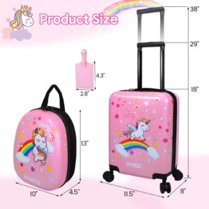 ovatis Kid Luggage Case and Backpack with Luggage Tag 18 Inch Suitcase and 13 Inch Backpack Suitcase for Girls (Pink, Unicorn)