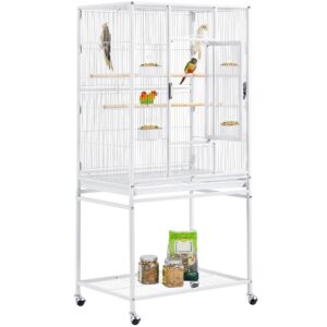 yaheetech 54" large flight bird cage for parrots macaw cockatiels sun parakeets lovebird green cheek conures african grey small quaker amazon parrots with rolling stand, white