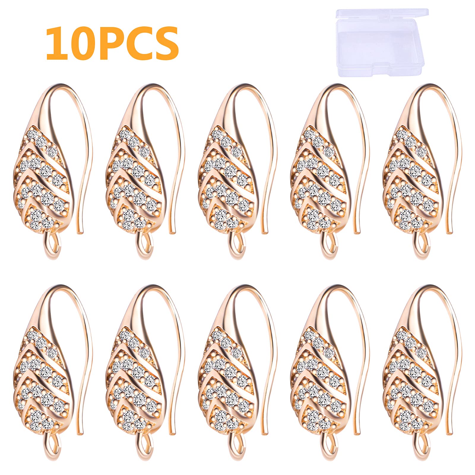 10pcs 14K Gold Cubic Zirconia Earring Hooks Brass French Fish Hooks Ear Wires with Loop Hole Dangle Earrings Connectors with a Plastic Box for Girls Women DIY Jewelry Making