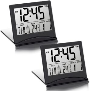 hicarer 2 pieces digital travel alarm clock battery operated foldable lcd clock with calendar temperature snooze mode multifunction small desk clock portable clock large display desk clock(black)