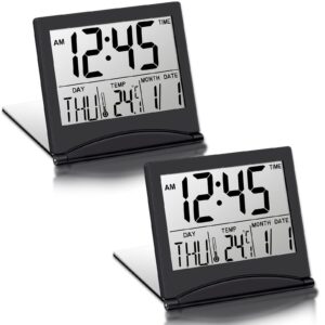 Hicarer 2 Pieces Digital Travel Alarm Clock Battery Operated Foldable LCD Clock with Calendar Temperature Snooze Mode Multifunction Small Desk Clock Portable Clock Large Display Desk Clock(Black)