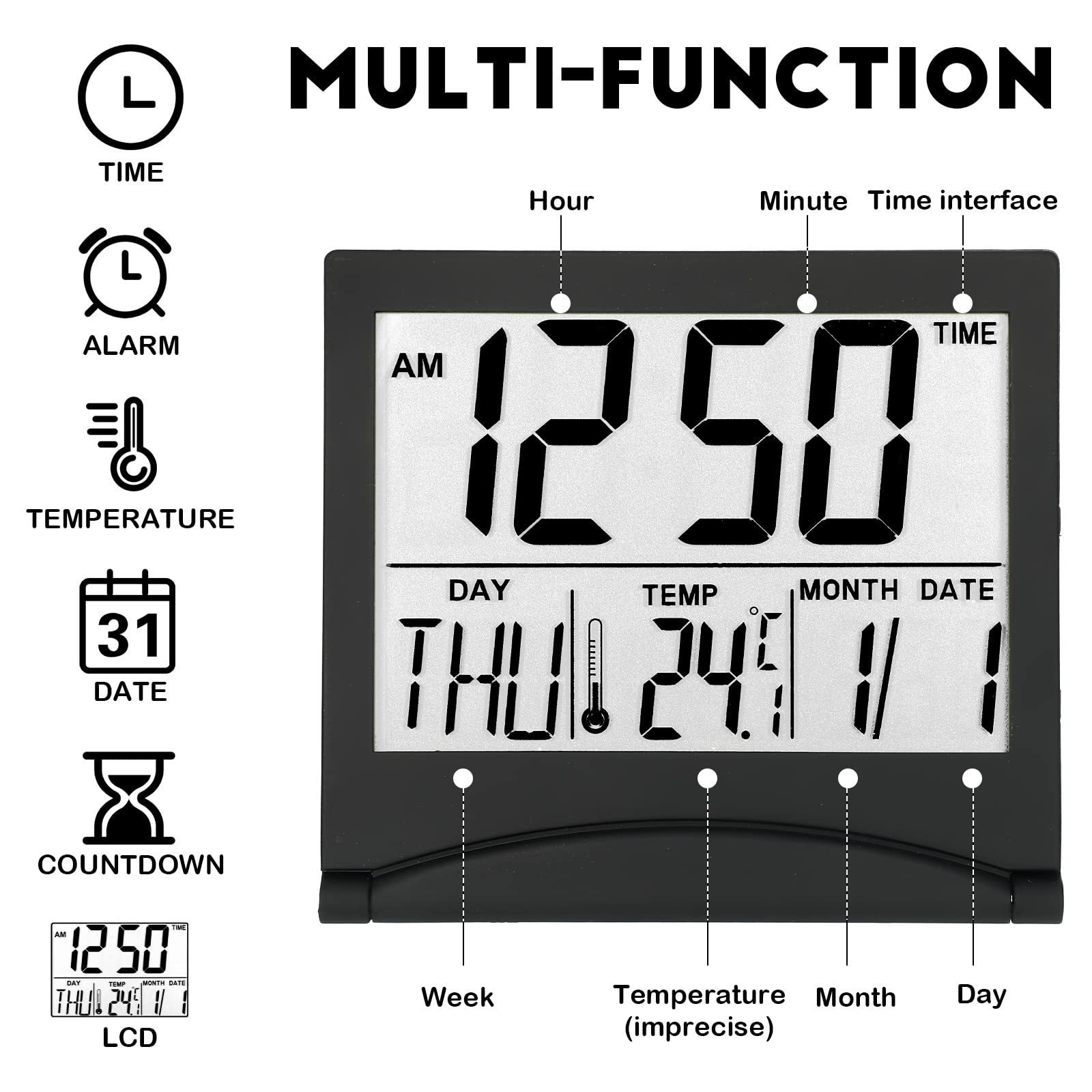 Hicarer 2 Pieces Digital Travel Alarm Clock Battery Operated Foldable LCD Clock with Calendar Temperature Snooze Mode Multifunction Small Desk Clock Portable Clock Large Display Desk Clock(Black)