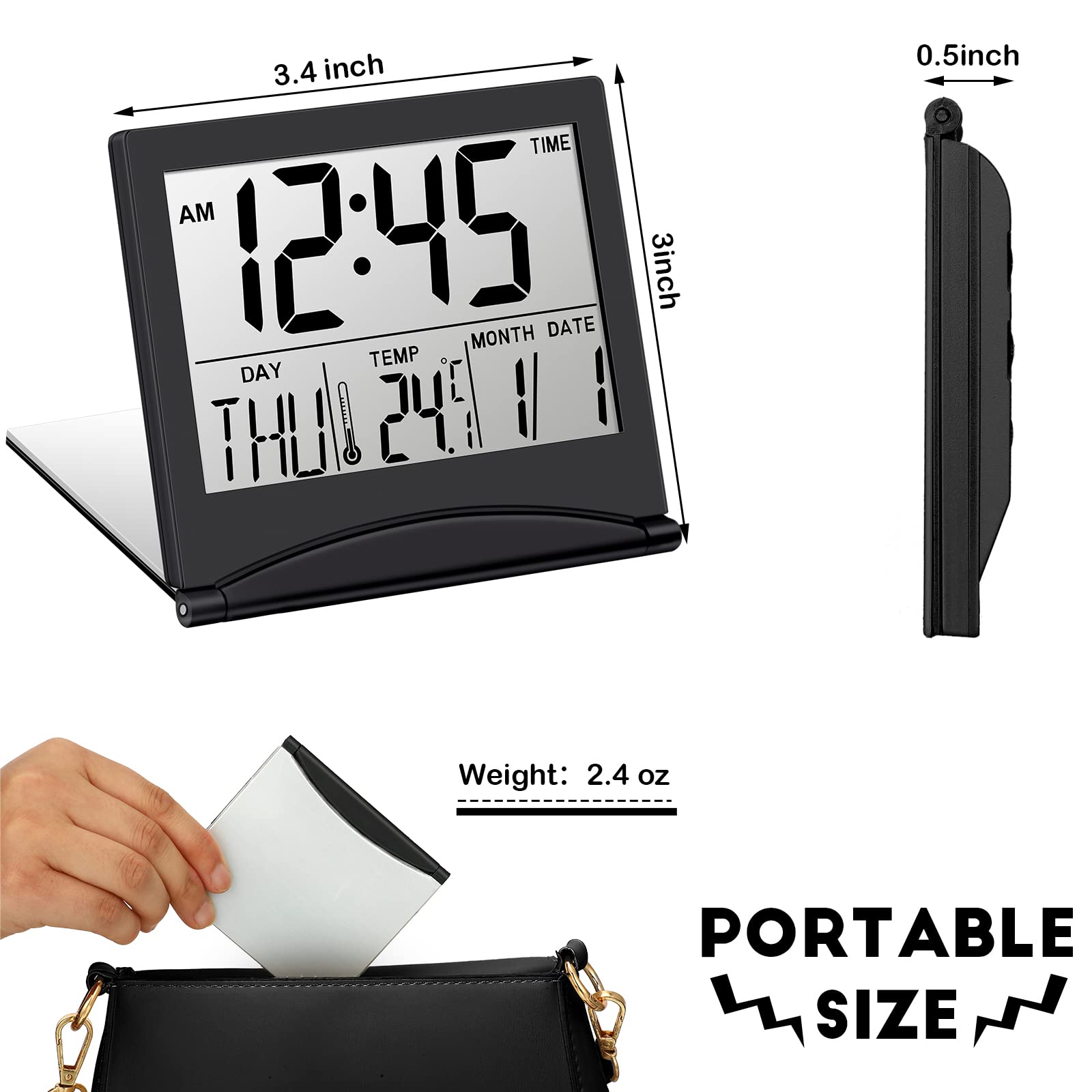 Hicarer 2 Pieces Digital Travel Alarm Clock Battery Operated Foldable LCD Clock with Calendar Temperature Snooze Mode Multifunction Small Desk Clock Portable Clock Large Display Desk Clock(Black)